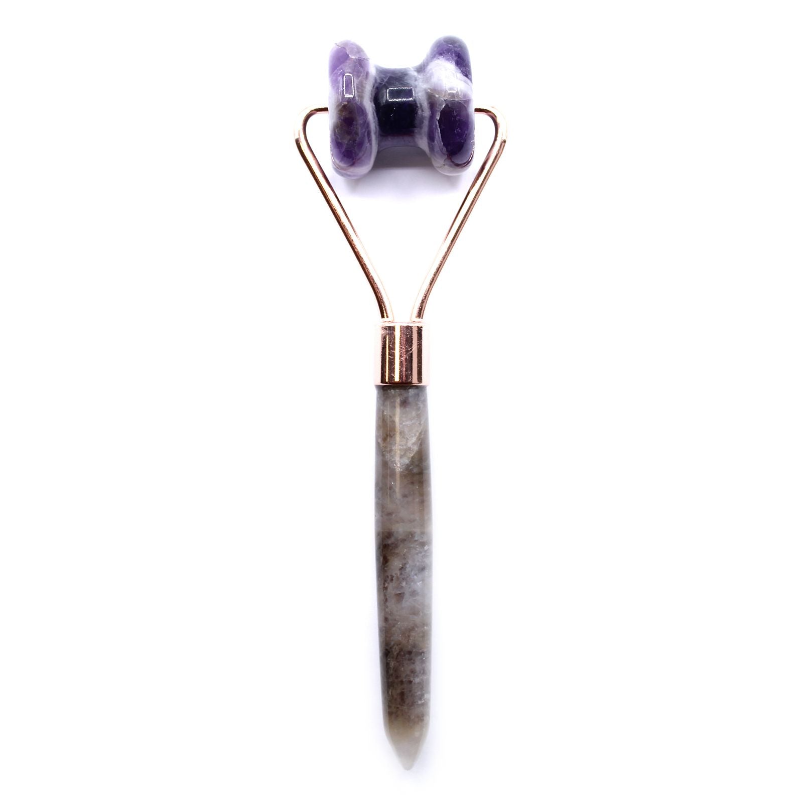Amethyst Gemstone Face Roller – 15 CM with purple amethyst roller head and metal frame, handheld facial massage tool on white background