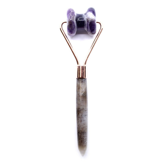 Amethyst Gemstone Face Roller – 15 CM with purple amethyst roller head and metal frame, handheld facial massage tool on white background