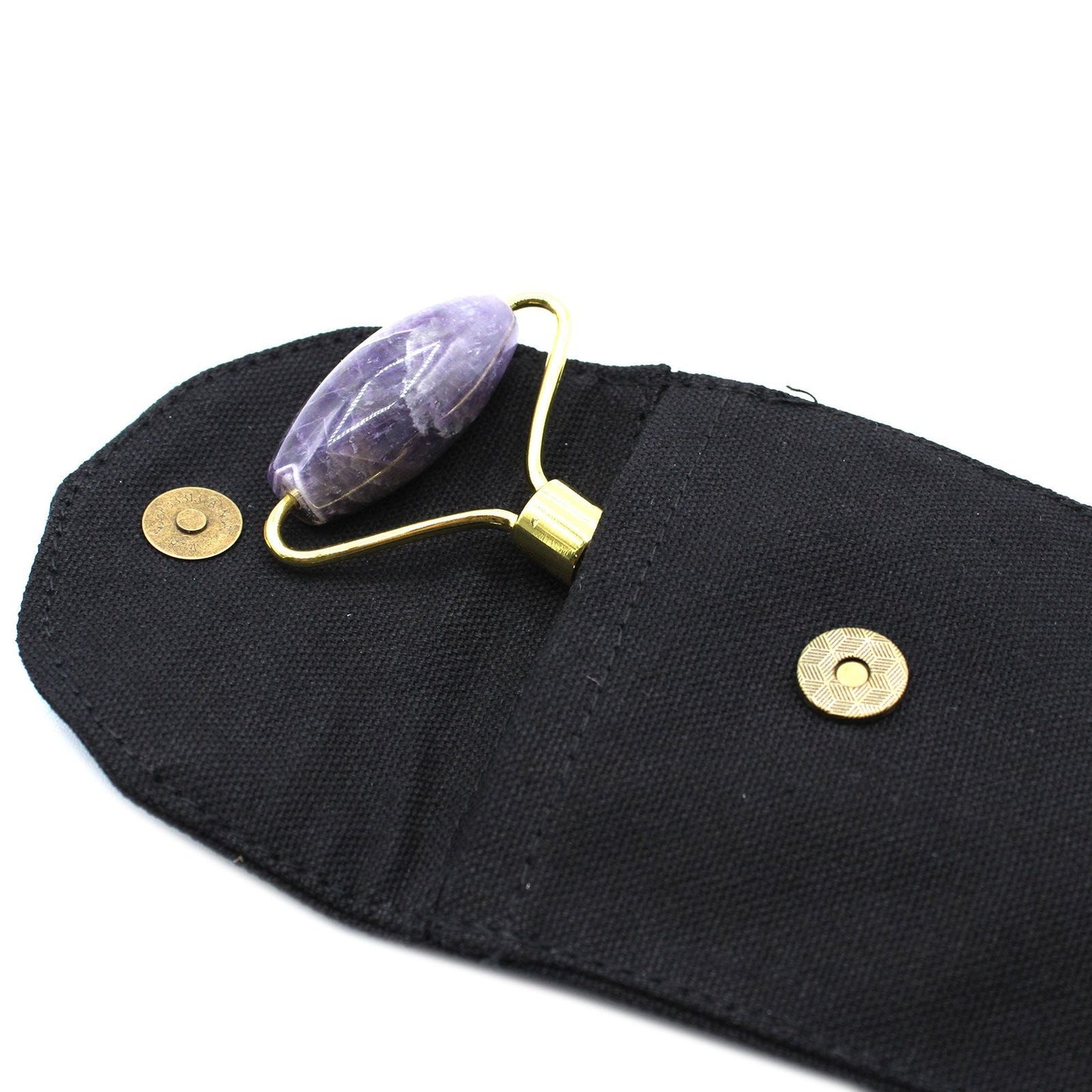 Amethyst Gemstone Face Roller – 15x6x2.5 CM with brass handle in black travel pouch, double-ended purple amethyst roller