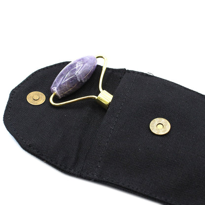 Amethyst Gemstone Face Roller – 15x6x2.5 CM with brass handle in black travel pouch, double-ended purple amethyst roller