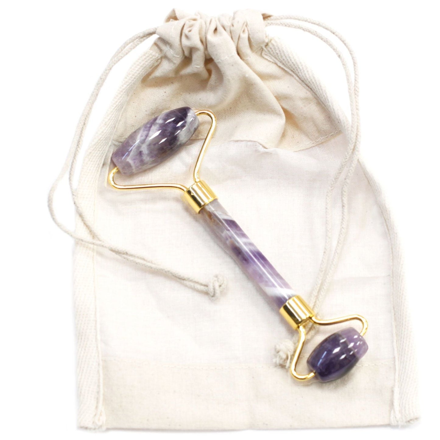 Alt Tag: Amethyst Gemstone Face Roller – 15x6x2.5 CM double-ended amethyst and brass facial roller with drawstring pouch