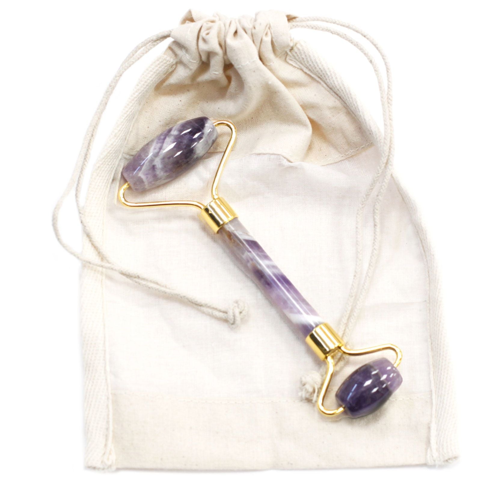 Alt Tag: Amethyst Gemstone Face Roller – 15x6x2.5 CM double-ended amethyst and brass facial roller with drawstring pouch