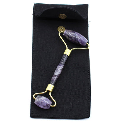 Amethyst Gemstone Face Roller – 15x6x2.5 CM with brass frame in black storage pouch, double-ended purple amethyst roller