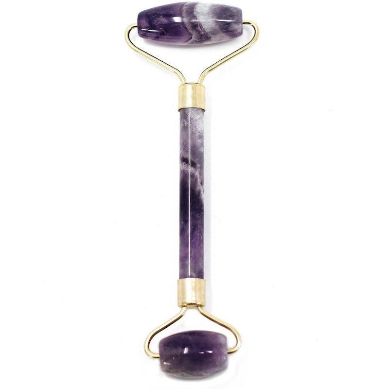 Alt Tag: Amethyst Gemstone Face Roller – 15x6x2.5 CM double-ended amethyst and brass facial roller, purple stone massage tool
