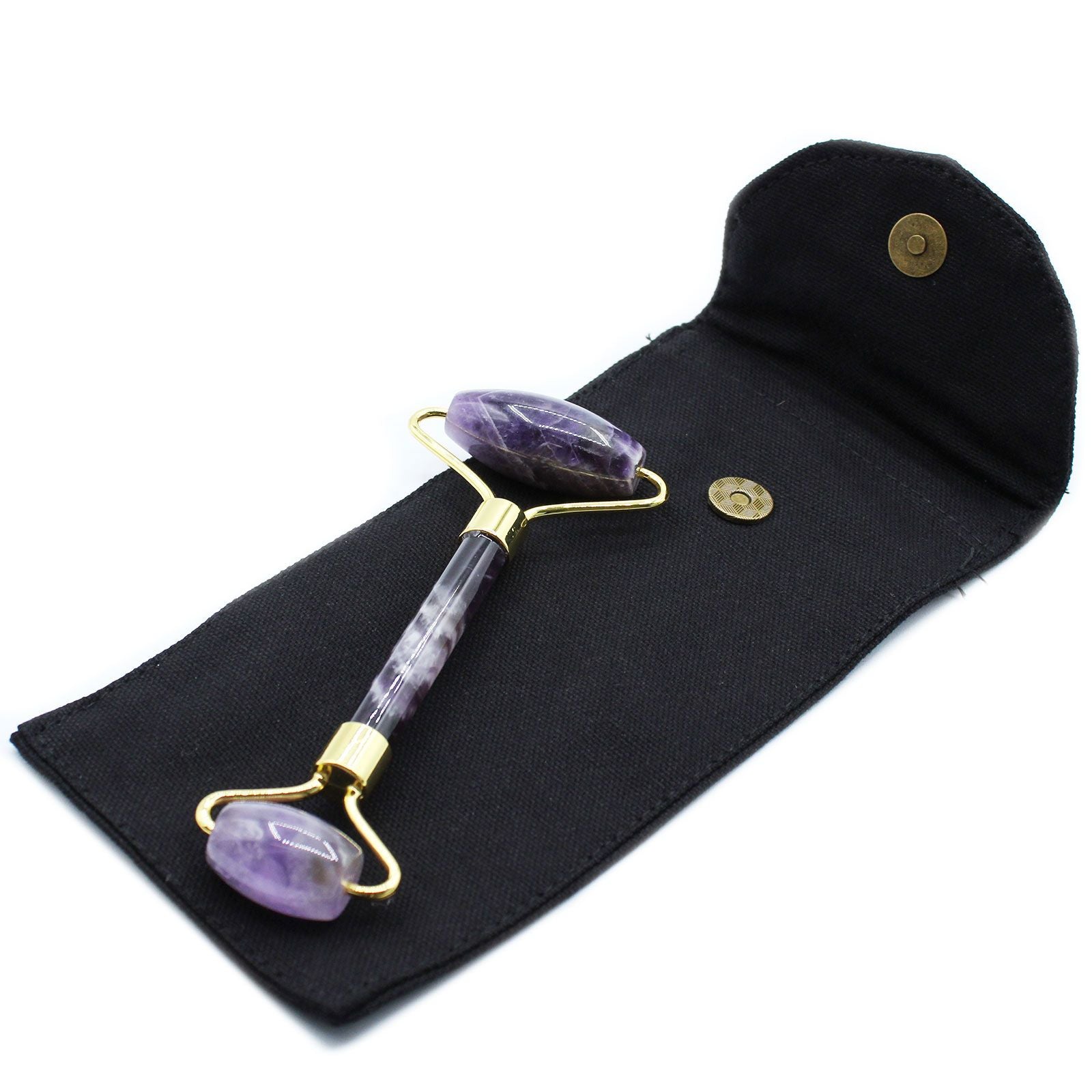 Amethyst Gemstone Face Roller – 15x6x2.5 CM double-ended amethyst and brass facial roller with black carrying pouch