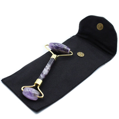 Amethyst Gemstone Face Roller – 15x6x2.5 CM double-ended amethyst and brass facial roller with black carrying pouch