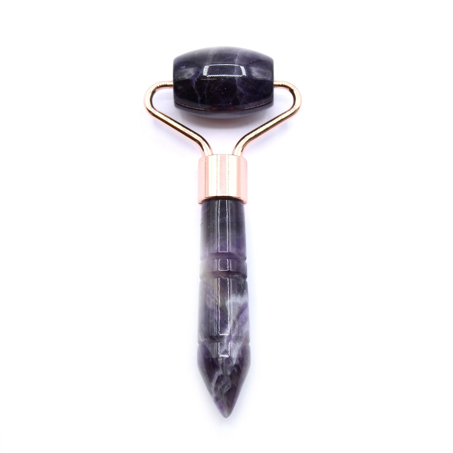 Amethyst Gemstone Face Roller – Mini 9 CM, rodillo facial de amatista con mango y cabezal de piedra, detalle metálico en cobre rosado