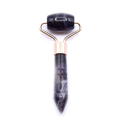 Amethyst Gemstone Face Roller – Mini 9 CM, rodillo facial de amatista con mango y cabezal de piedra, detalle metálico en cobre rosado