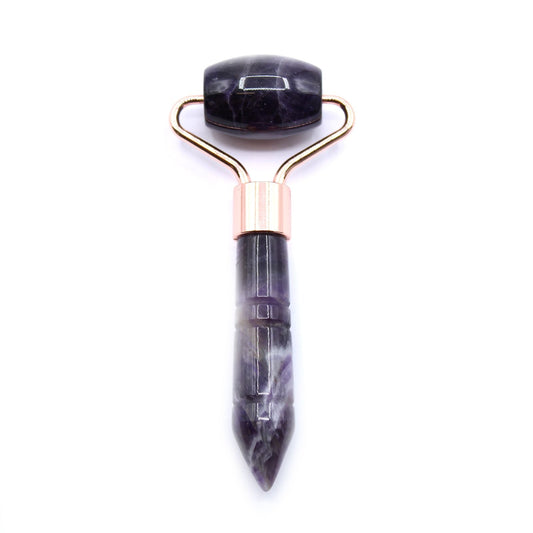 Amethyst Gemstone Face Roller – Mini 9 CM, rodillo facial de amatista con mango y cabezal de piedra, detalle metálico en cobre rosado