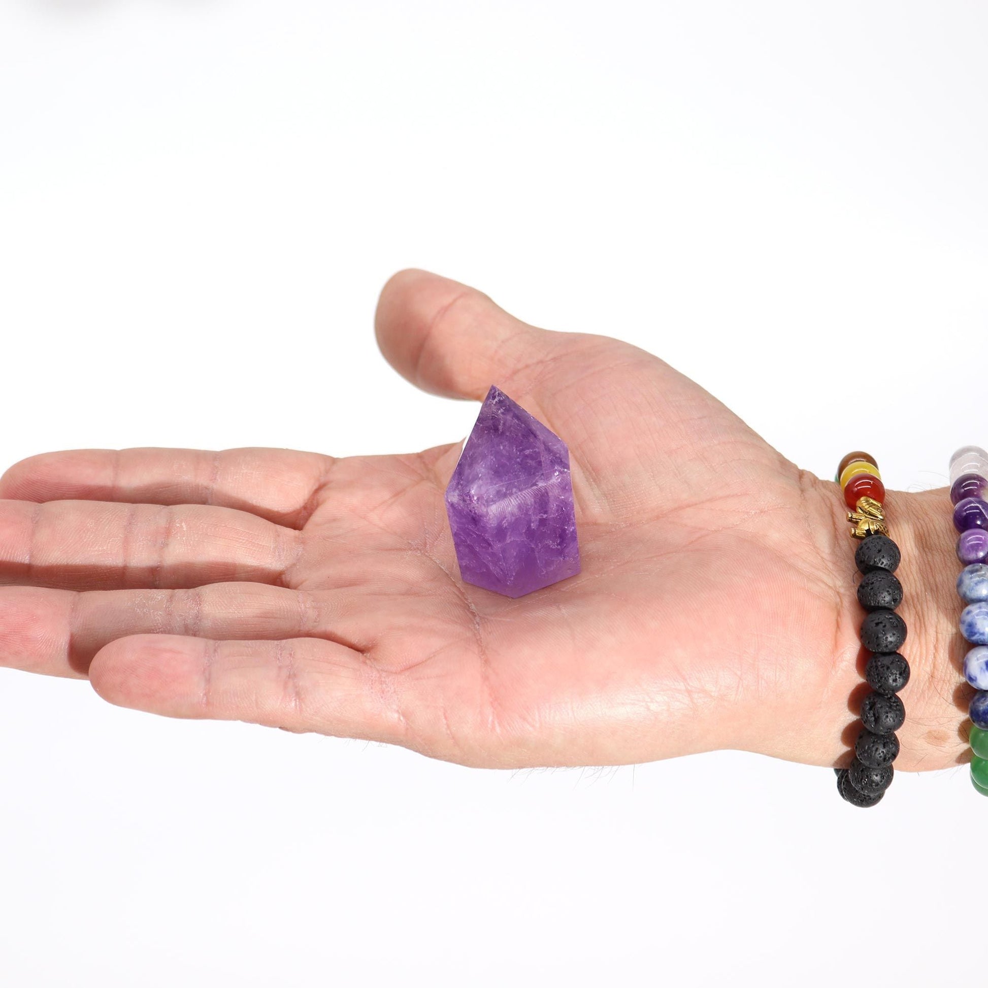 Alt Tag: Gemstone Amethyst Points – 4-5.5CM purple amethyst point crystal in hand, polished gemstone mineral specimen