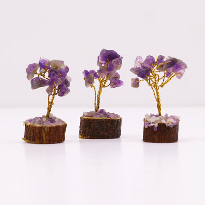 Amethyst Gemstone Tree – 15 Stones, 6CM mini gemstone tree with purple amethyst chips and wood base, set of three