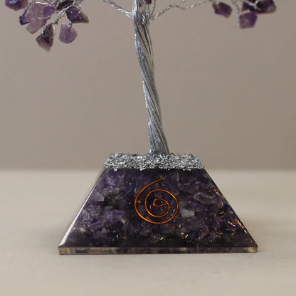 Amethyst Gemstone Tree – 160 Stones with orgone resin pyramid base and copper spiral, close-up of trunk and amethyst chips