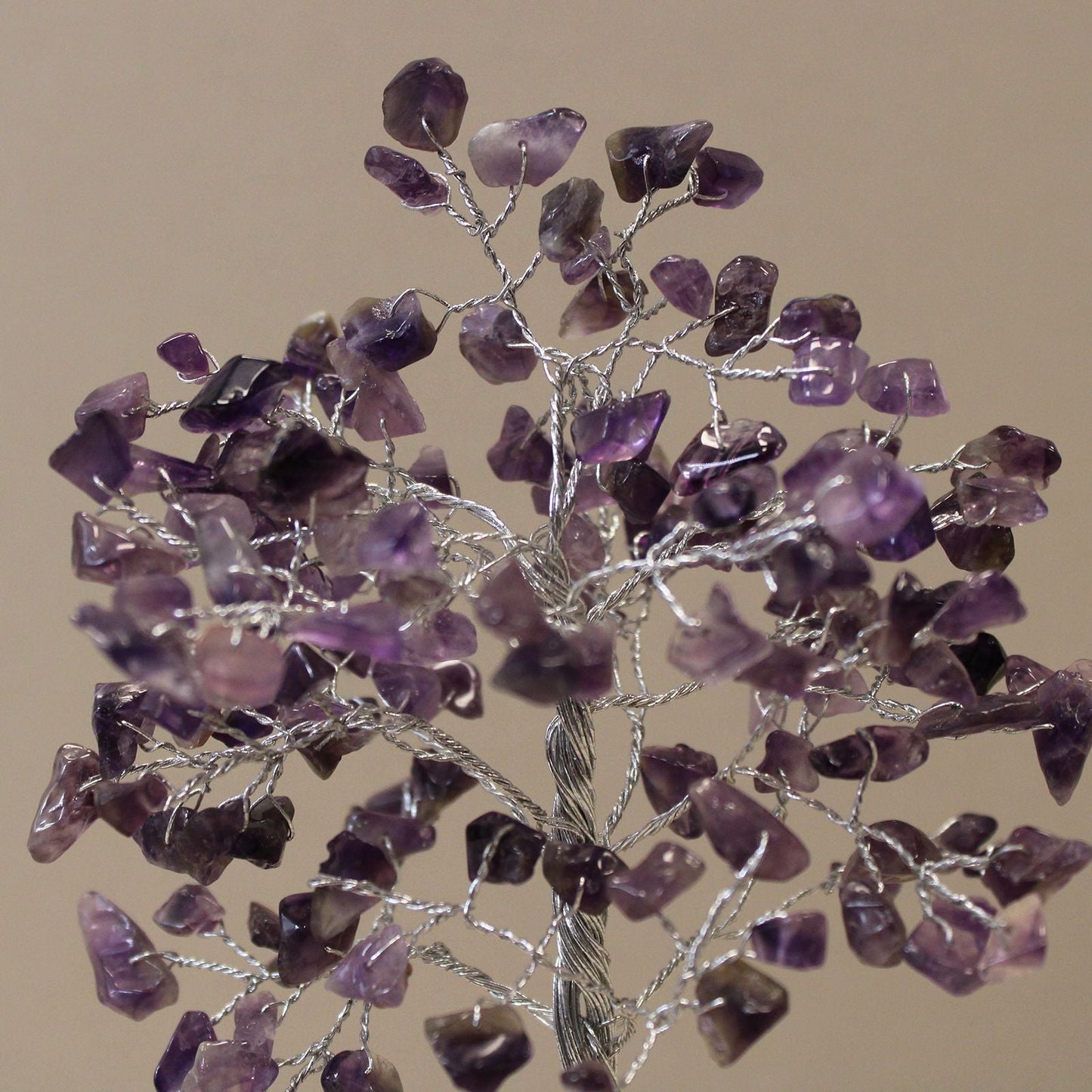 Alt Tag: Amethyst Gemstone Tree – 160 Stones with purple amethyst chips on silver wire branches, decorative gemstone tree close-up