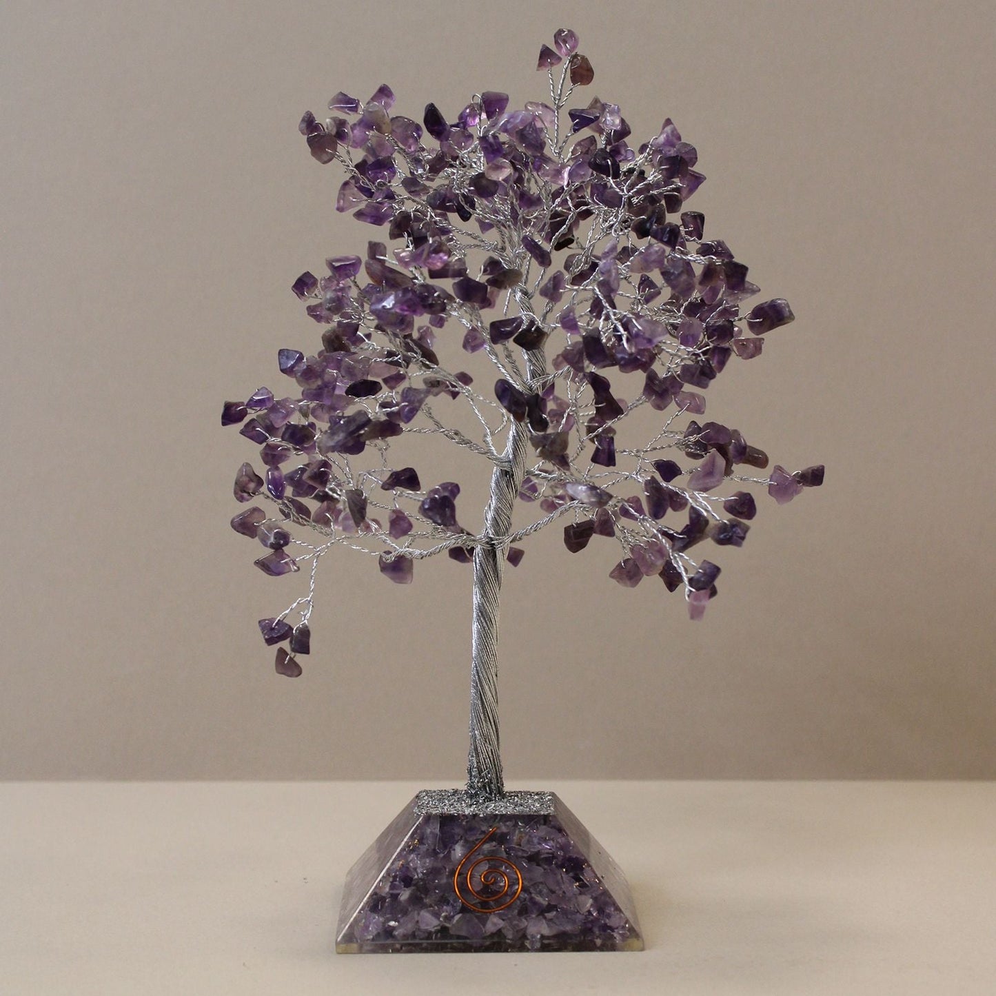Alt Tag: Amethyst Gemstone Tree – 320 Stone Delight with purple amethyst chipstone branches on metal wire, orgonite pyramid base