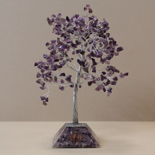 Alt Tag: Amethyst Gemstone Tree – 320 Stone Delight with purple amethyst chipstone branches on metal wire, orgonite pyramid base