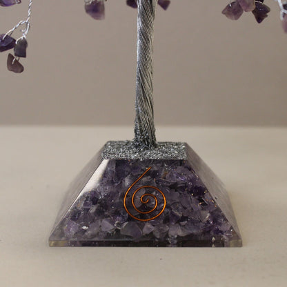 Alt Tag: Amethyst Gemstone Tree – 320 Stone Delight orgonite base with amethyst chipstones, metal wire trunk and copper spiral detail