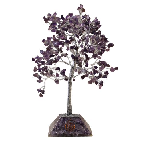 Alt Tag: Amethyst Gemstone Tree – 320 Stone Delight, purple amethyst chipstone tree sculpture on orgonite base, 9x9x19 cm