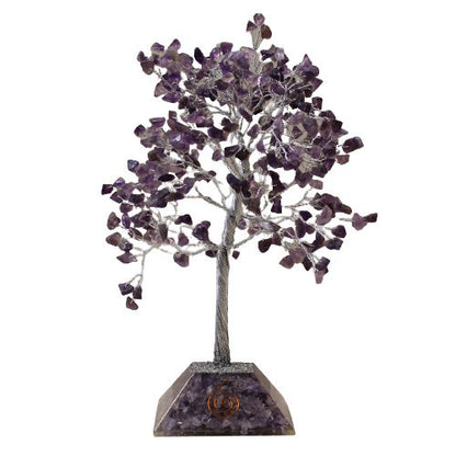Alt Tag: Amethyst Gemstone Tree – 320 Stone Delight, purple amethyst chipstone tree sculpture on orgonite base, 9x9x19 cm