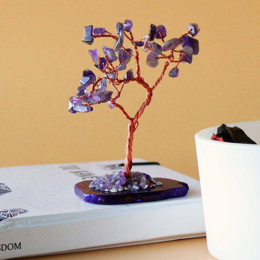 Amethyst Gemstone Tree – 35 Stones, 10 CM on agate base with copper wire branches, purple gemstone chips tabletop decor