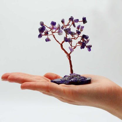 Alt Tag: Amethyst Gemstone Tree – 35 Stones, 10 CM in hand, purple amethyst chip tree on agate base, home office decor
