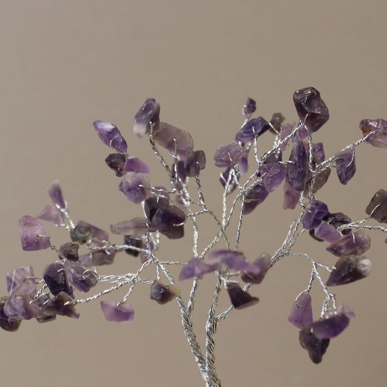 Amethyst Gemstone Tree – 80 Stones Orgonite Base with purple amethyst chipstone branches on silver wire, close-up