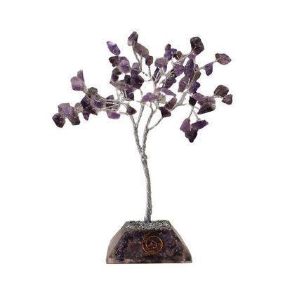 Alt Tag: Amethyst Gemstone Tree – 80 Stones Orgonite Base, purple amethyst chipstone crystal tree decor with orgonite pyramid base