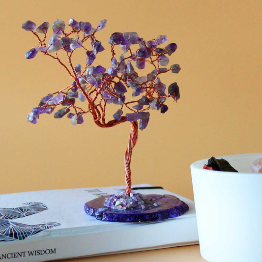 Amethyst Gemstone Tree – Large 100-Stone Agate Base decorative gemstone wire tree with purple amethyst chips on natural agate base