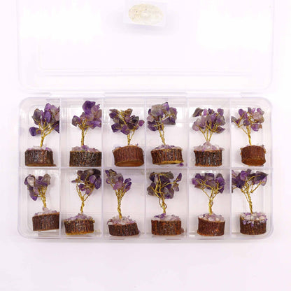 Amethyst Gemstone Tree – 15 Stones, 6CM mini gemstone trees with purple amethyst chips and wood bases in a plastic storage box