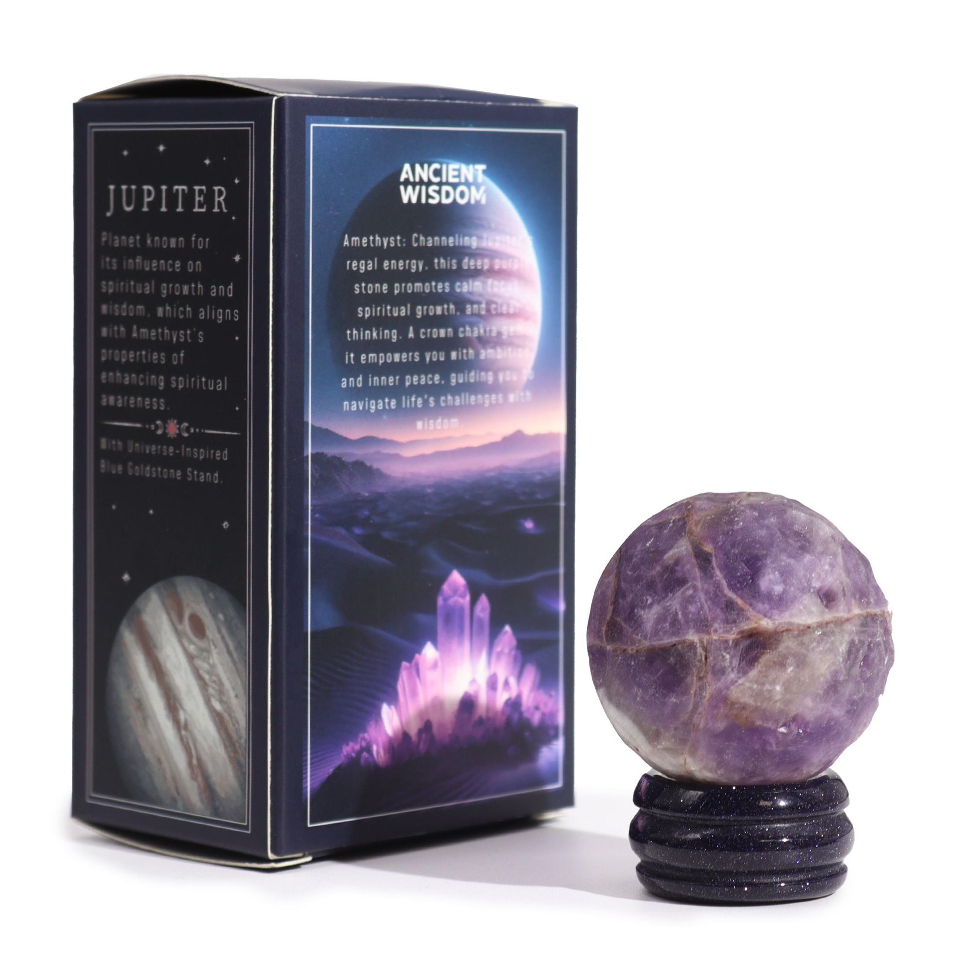 Amethyst Jupiter Gemstone Planet – 40MM Solar Goldstone Stand with purple amethyst sphere on glittering stand beside Jupiter-themed box