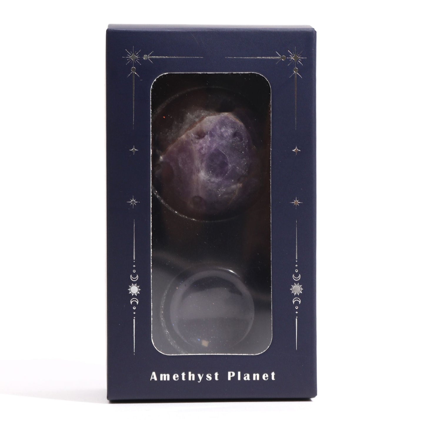 Amethyst Jupiter Gemstone Planet – 40MM Solar Goldstone Stand in gift box packaging, amethyst planet sphere visible through window