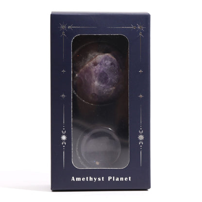 Amethyst Jupiter Gemstone Planet – 40MM Solar Goldstone Stand in gift box packaging, amethyst planet sphere visible through window