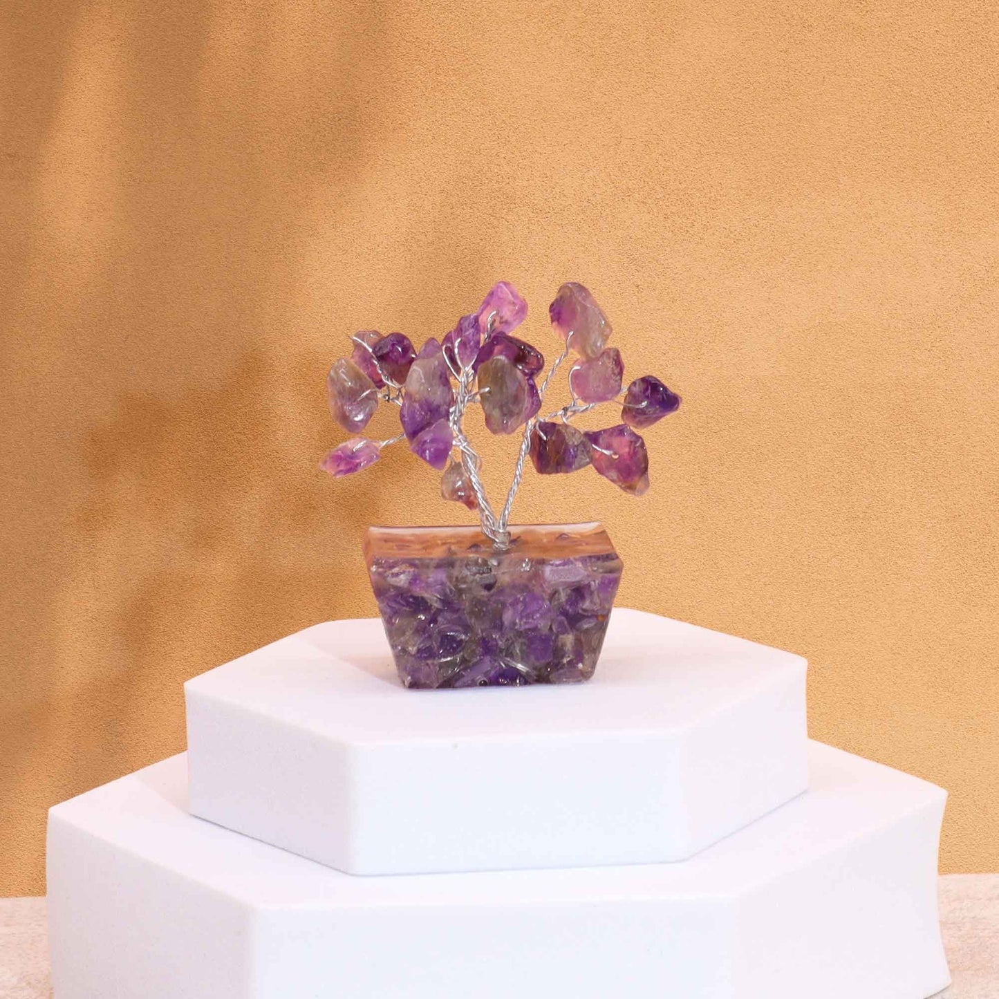 Amethyst Mini Gemstone Tree – 15 Stones with purple amethyst chipstone branches on orgonite base, mini decor on white pedestal