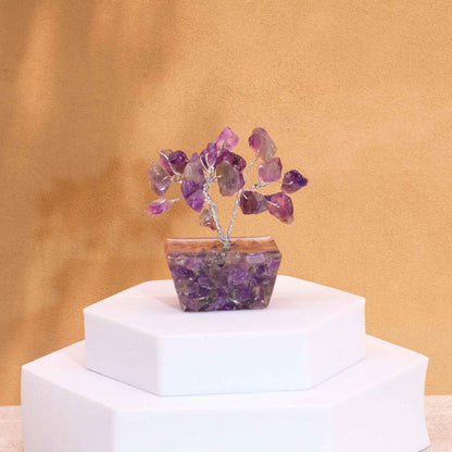 Amethyst Mini Gemstone Tree – 15 Stones with purple amethyst chipstone branches on orgonite base, mini decor on white pedestal