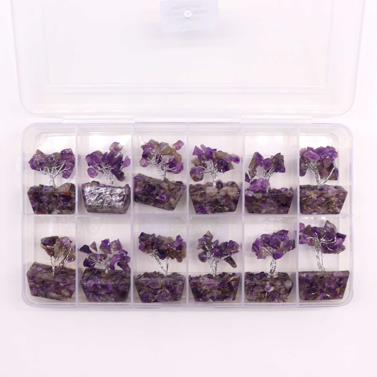 Amethyst Mini Gemstone Tree – 15 Stones in clear organizer box, miniature purple amethyst chipstone trees with wire branches