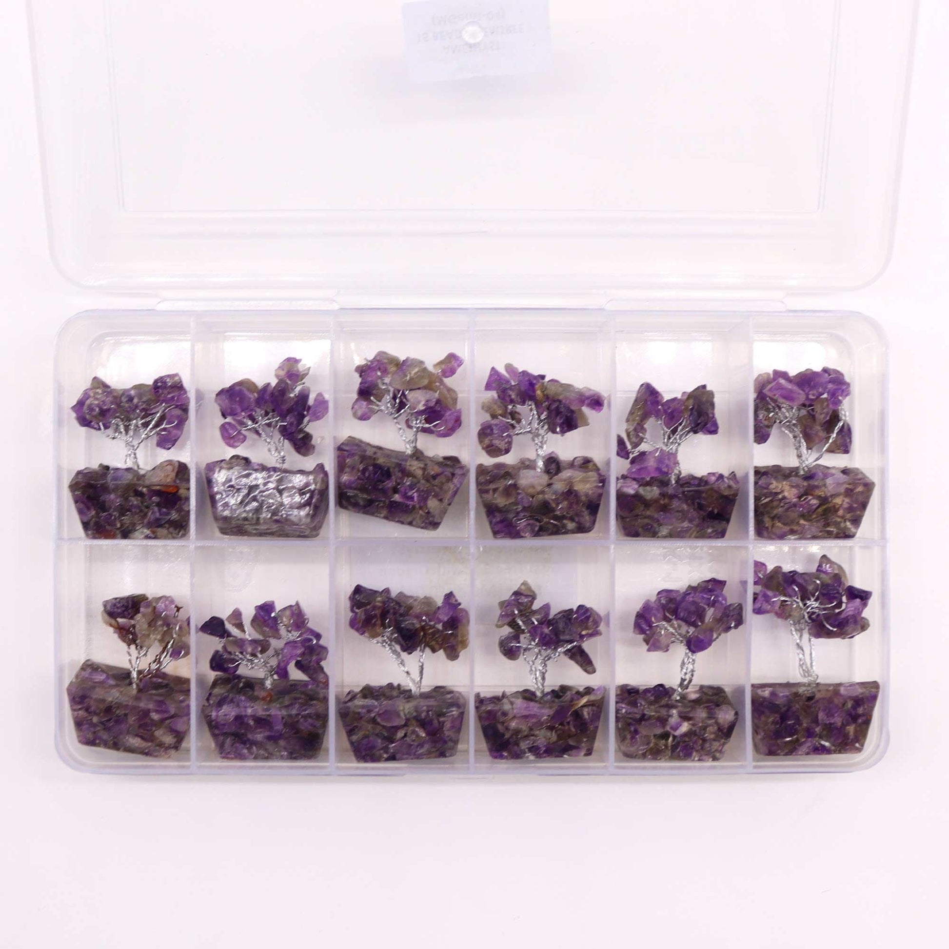 Amethyst Mini Gemstone Tree – 15 Stones in clear organizer box, miniature purple amethyst chipstone trees with wire branches