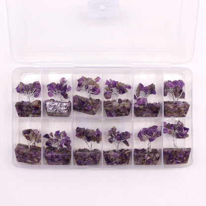 Amethyst Mini Gemstone Tree – 15 Stones in clear organizer box, miniature purple amethyst chipstone trees with wire branches