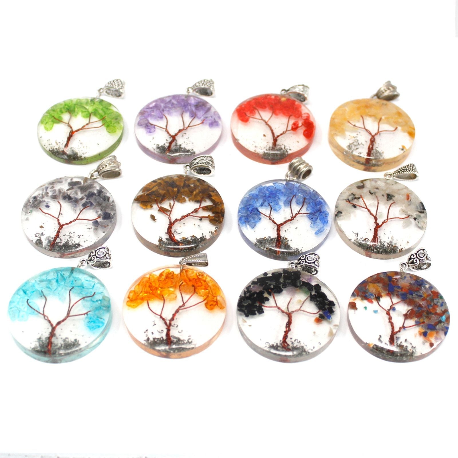 Amethyst Tree Orgonite Pendant – 4CM Round, colgantes redondos de resina con chips de amatista y diseño de árbol, varios colores