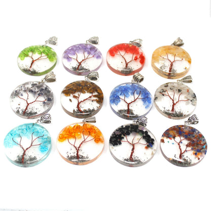 Amethyst Tree Orgonite Pendant – 4CM Round, colgantes redondos de resina con chips de amatista y diseño de árbol, varios colores