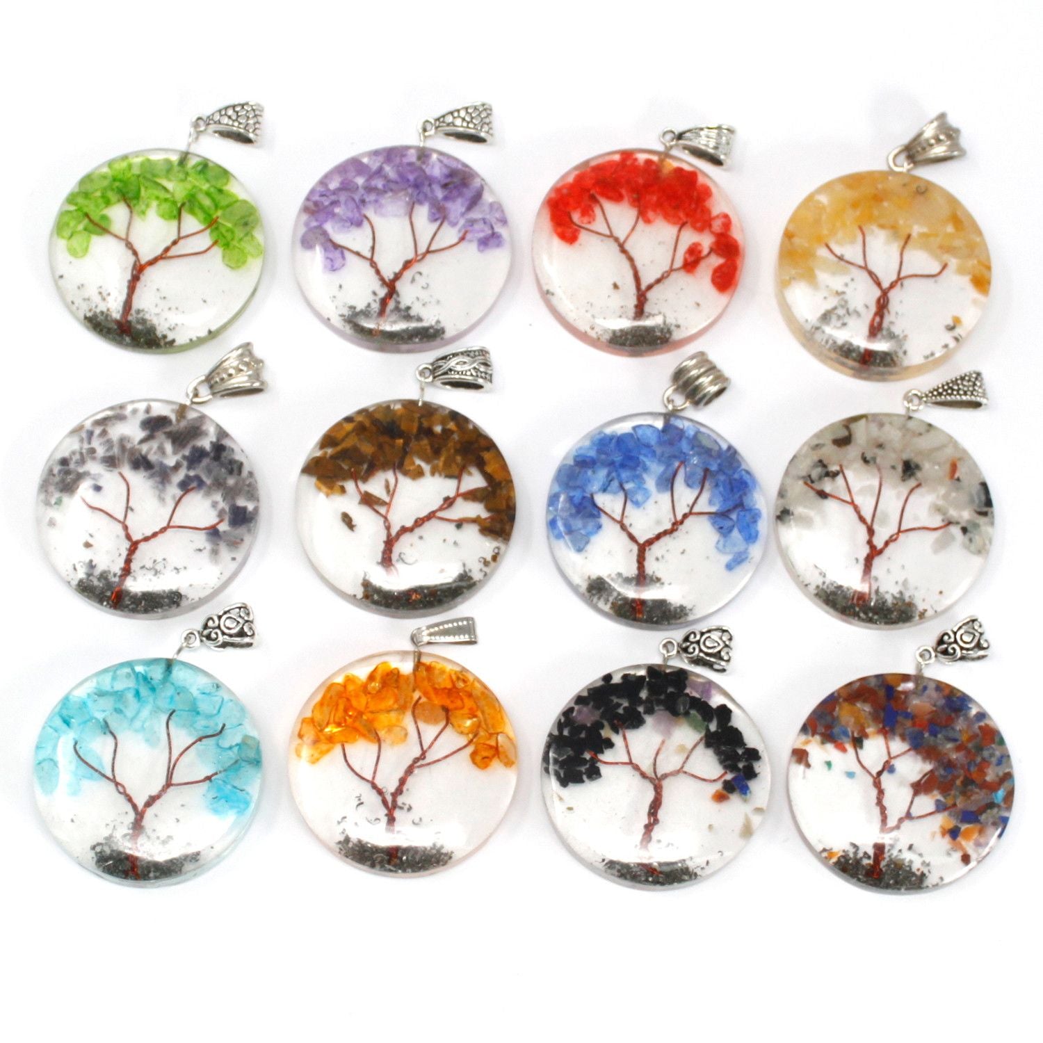 Alt Tag: Amethyst Tree Orgonite Pendant – 4CM Round resin pendant with copper wire tree and amethyst chips, round design