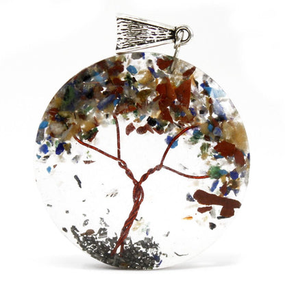 Alt Tag: Amethyst Tree Orgonite Pendant – 4CM Round round resin pendant with gemstone chips and copper tree design, front view