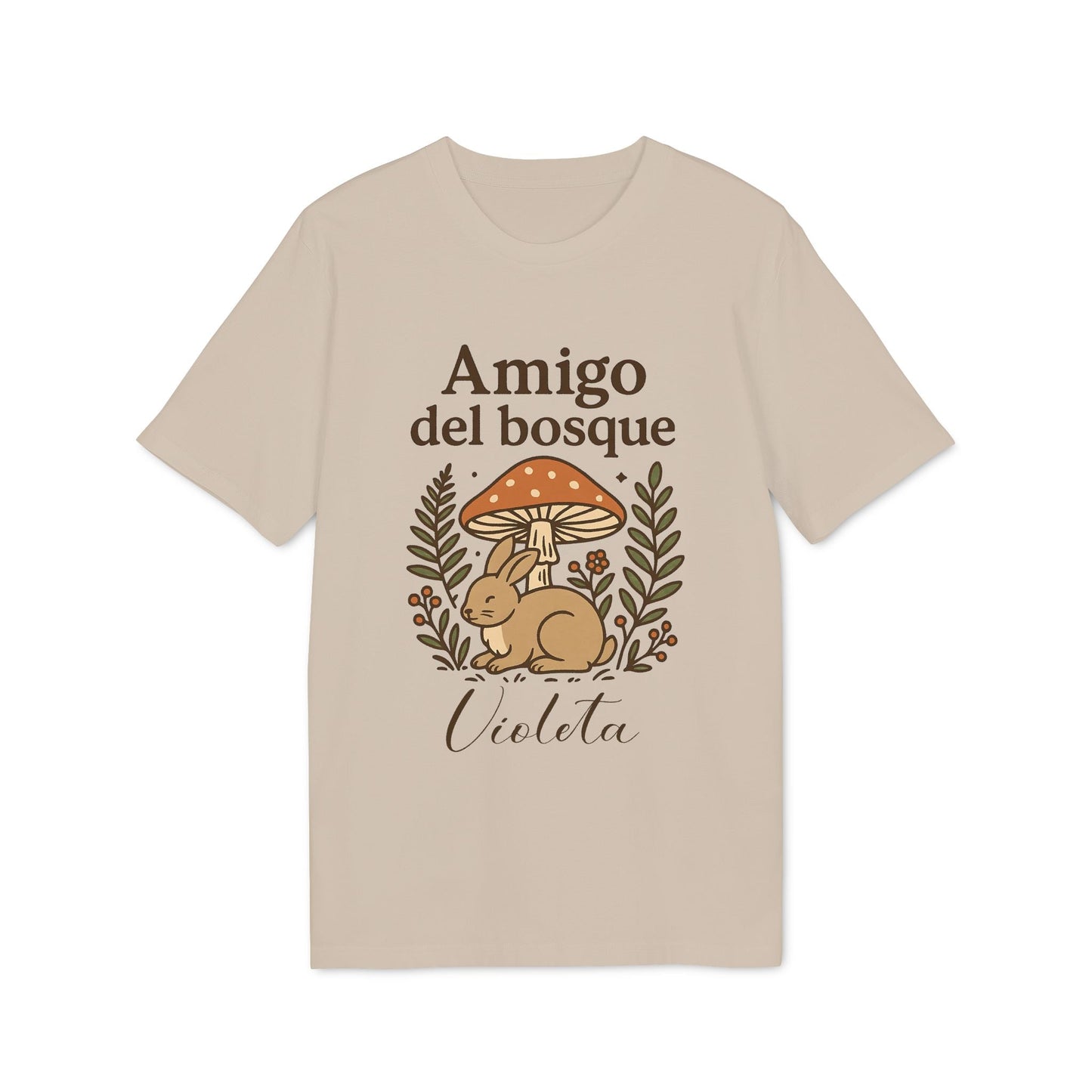 Amigo Bosque Personalizado Nombre Premium Unisex T-Shirt beige con ilustración de conejo y setas, texto “Amigo del bosque” y nombre Violeta