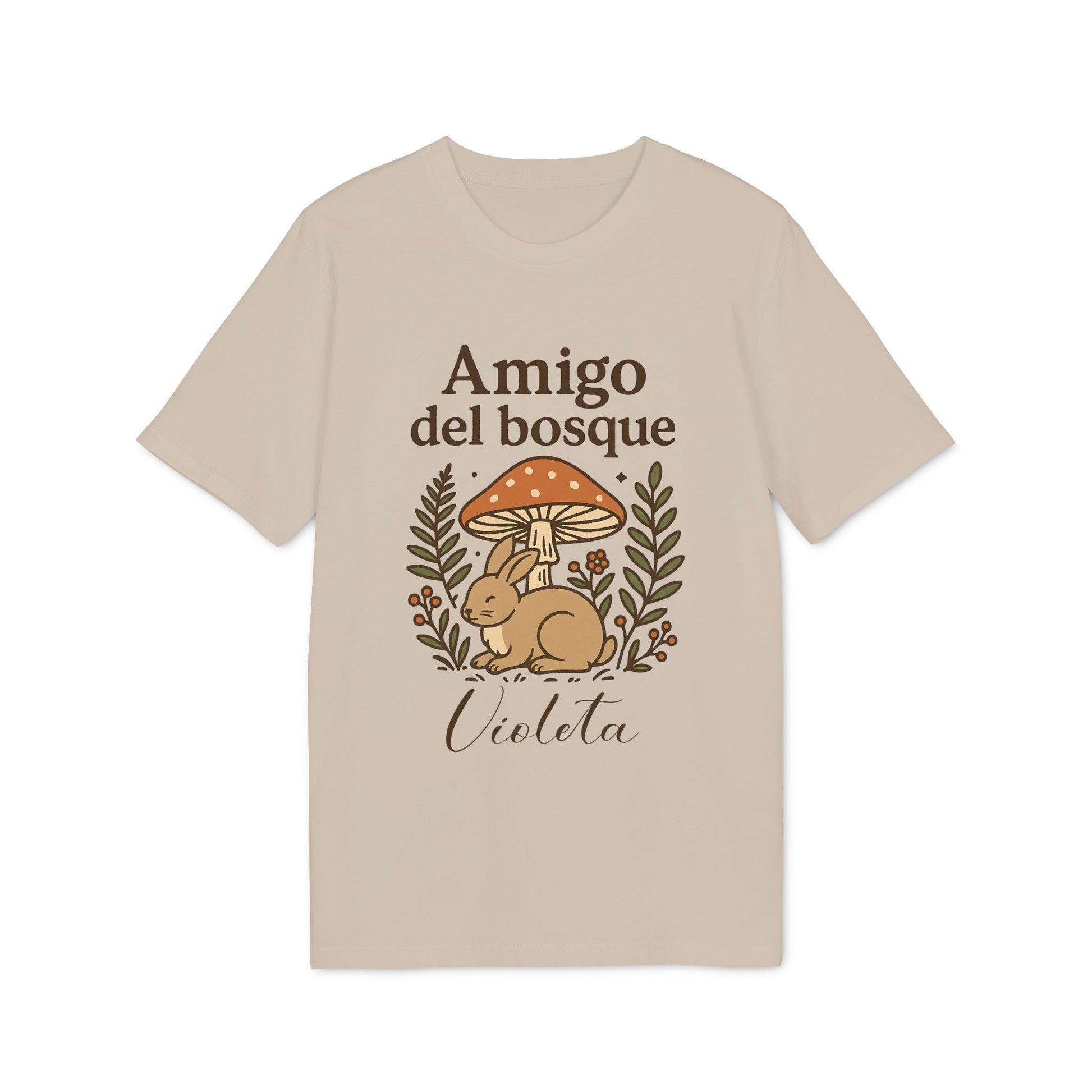 Amigo Bosque Personalizado Nombre Premium Unisex T-Shirt beige con ilustración de conejo y setas, texto “Amigo del bosque” y nombre Violeta