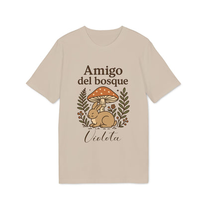 Amigo Bosque Personalizado Nombre Premium Unisex T-Shirt beige con ilustración de conejo y setas, texto “Amigo del bosque” y nombre Violeta
