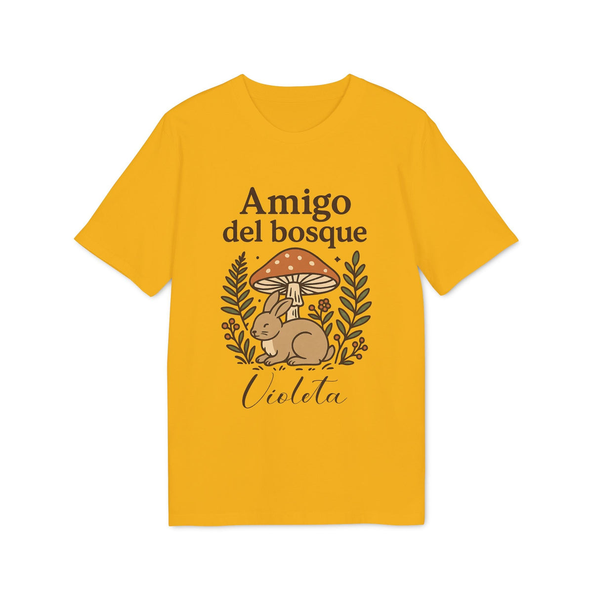 Alt Tag: Amigo Bosque Personalizado Nombre Premium Unisex T-Shirt camiseta amarilla unisex con ilustración conejo y setas, nombre Violeta