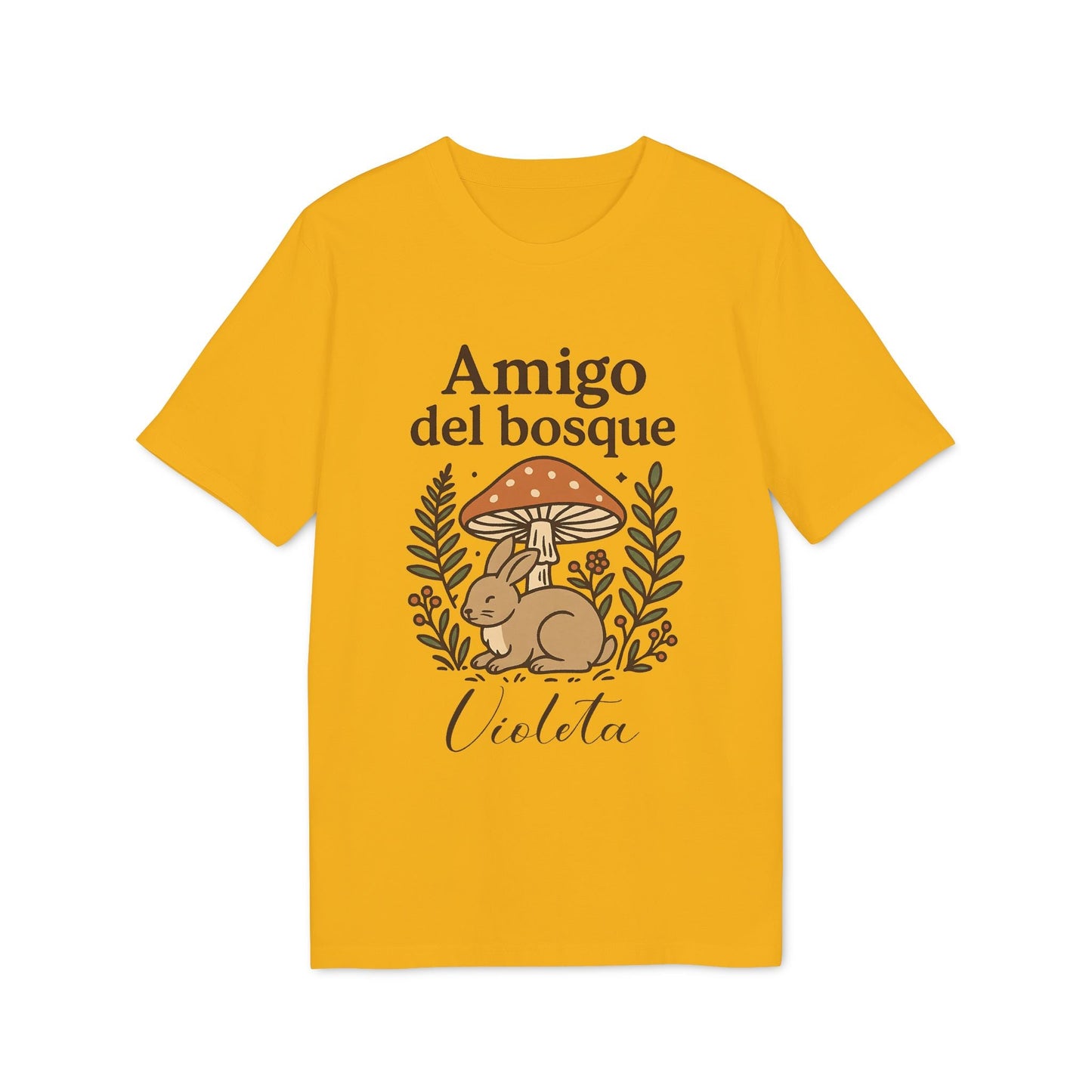 Alt Tag: Amigo Bosque Personalizado Nombre Premium Unisex T-Shirt camiseta amarilla unisex con ilustración conejo y setas, nombre Violeta