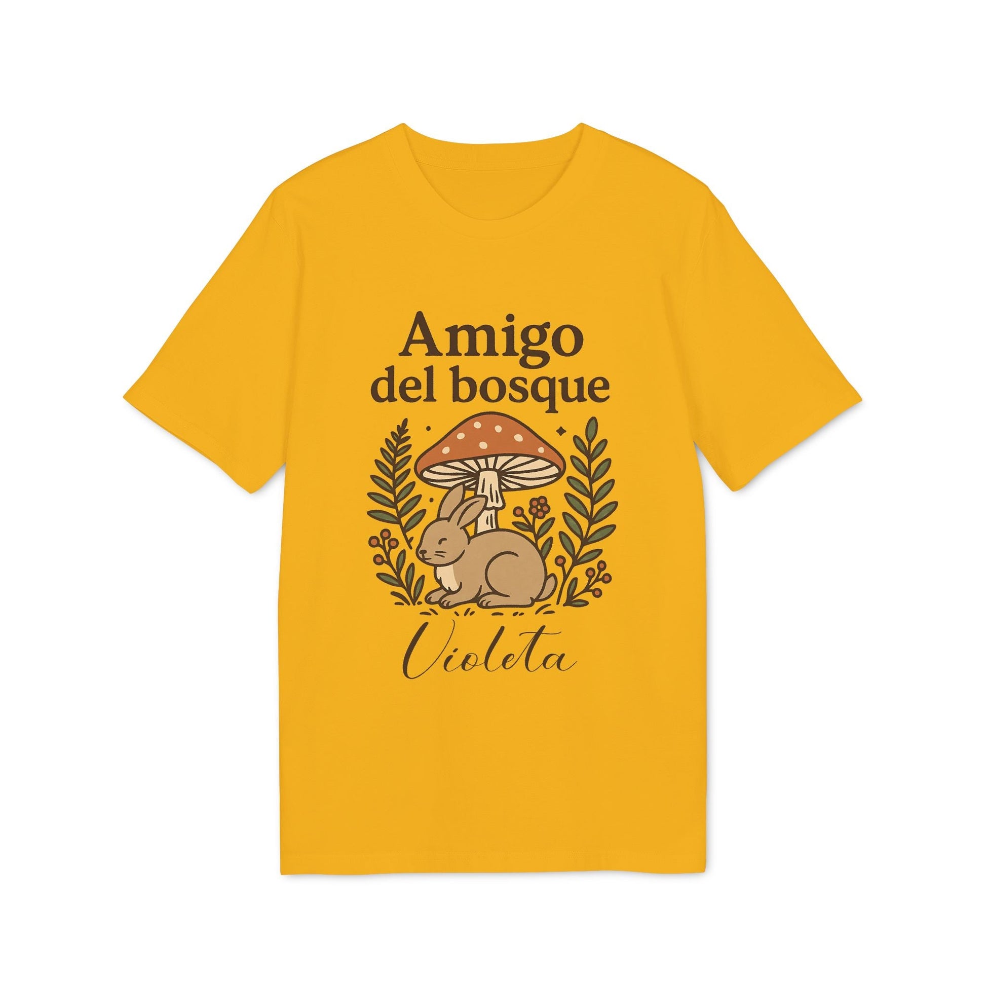 Alt Tag: Amigo Bosque Personalizado Nombre Premium Unisex T-Shirt camiseta amarilla unisex con ilustración conejo y setas, nombre Violeta