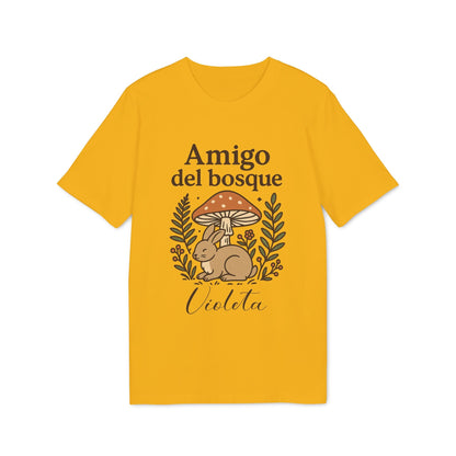 Alt Tag: Amigo Bosque Personalizado Nombre Premium Unisex T-Shirt camiseta amarilla unisex con ilustración conejo y setas, nombre Violeta