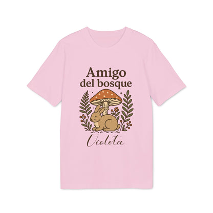 Alt Tag: Amigo Bosque Personalizado Nombre Premium Unisex T-Shirt rosa con ilustración de conejo y setas, texto "Amigo del bosque" y nombre Violeta