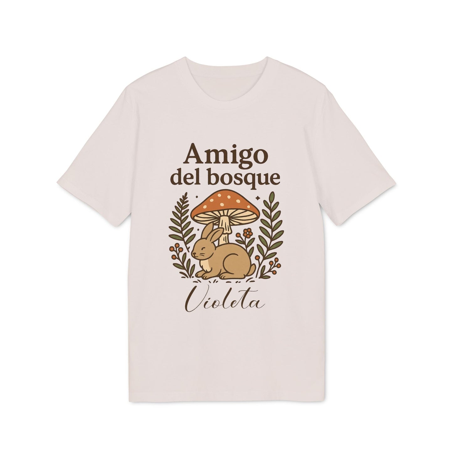 Alt Tag: Amigo Bosque Personalizado Nombre Premium Unisex T-Shirt beige con conejo y hongo, texto “Amigo del bosque” y nombre “Violeta”