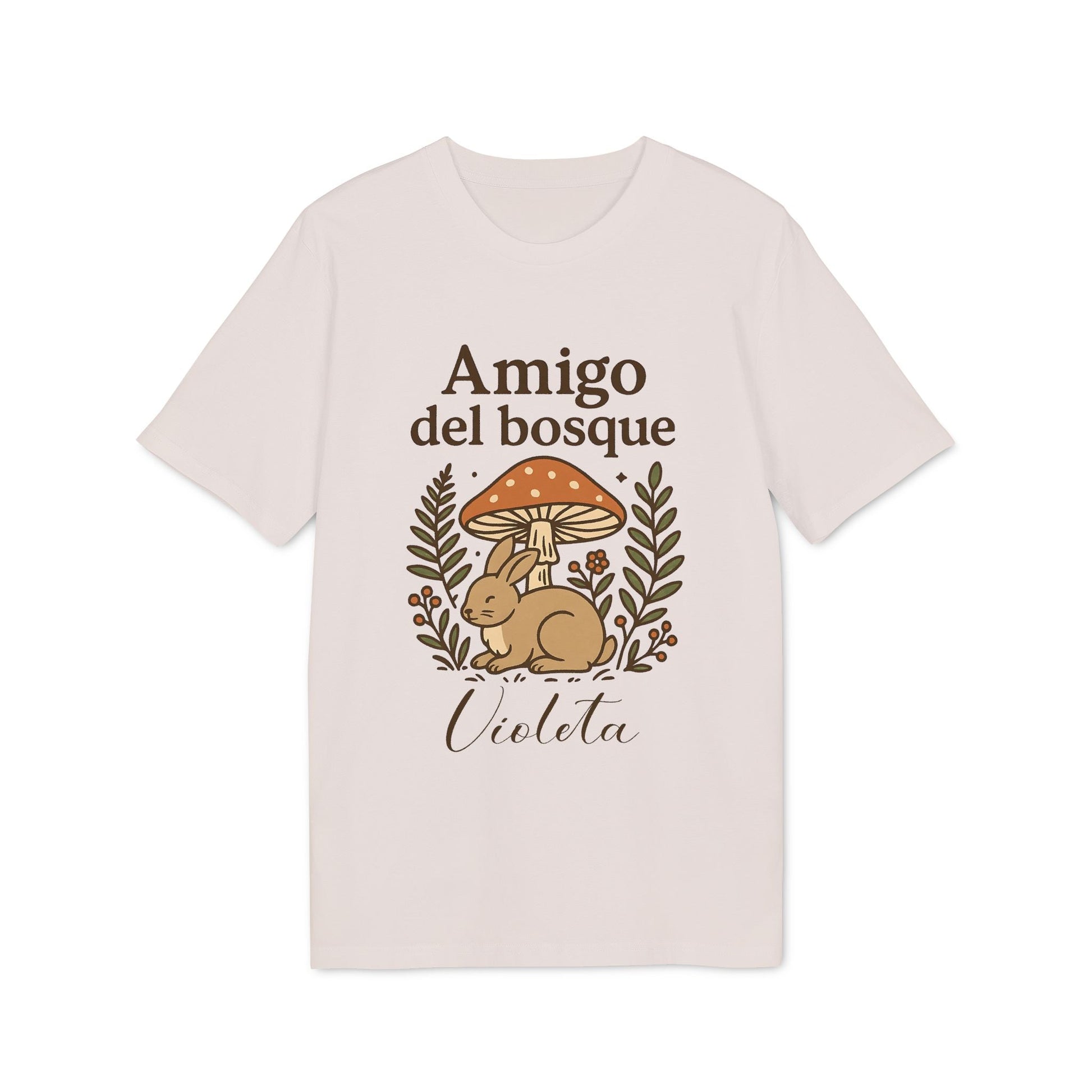 Alt Tag: Amigo Bosque Personalizado Nombre Premium Unisex T-Shirt beige con conejo y hongo, texto “Amigo del bosque” y nombre “Violeta”